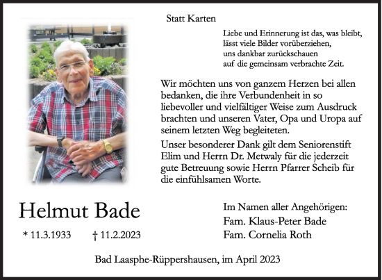Traueranzeige von Helmut Bade von Siegener Zeitung