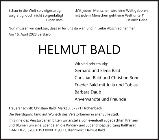 Traueranzeige von Helmut Bald von Siegener Zeitung