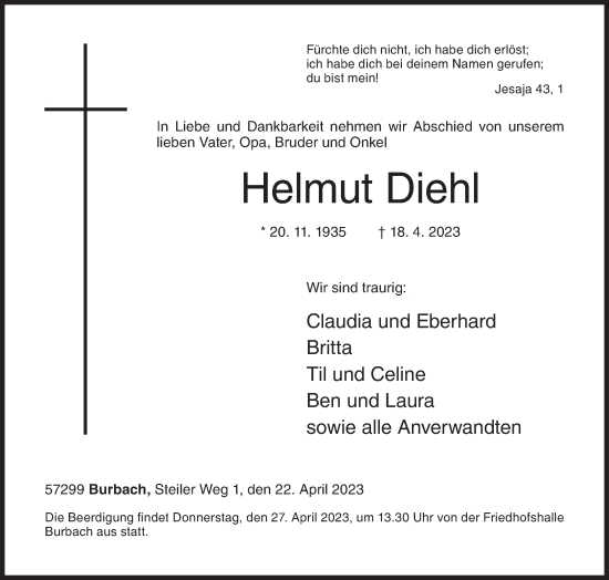 Traueranzeige von Helmut Diehl von Siegener Zeitung