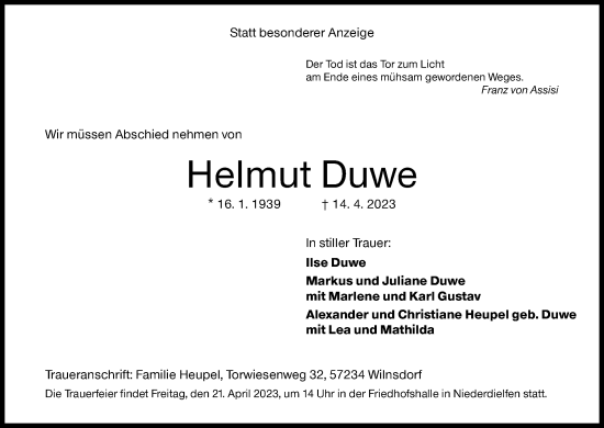 Traueranzeige von Helmut Duwe von Siegener Zeitung