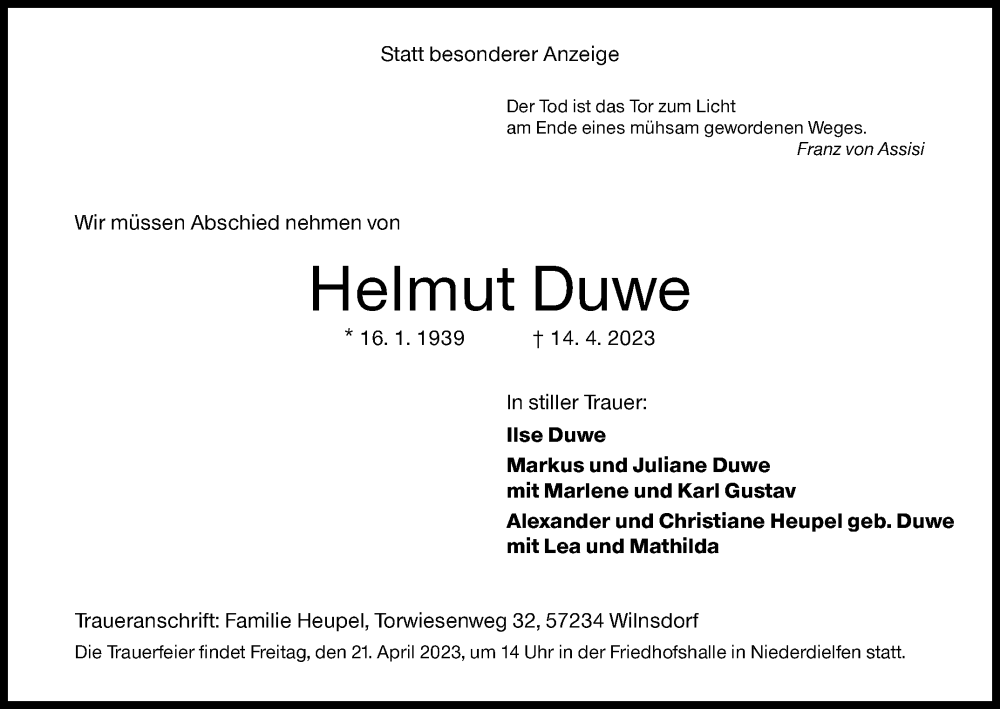  Traueranzeige für Helmut Duwe vom 19.04.2023 aus Siegener Zeitung