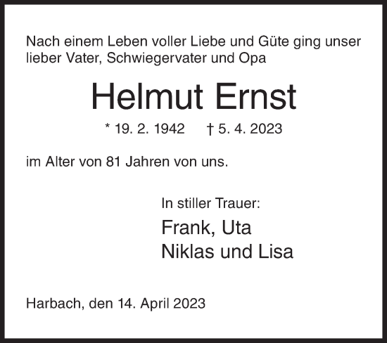 Traueranzeige von Helmut Ernst von Siegener Zeitung