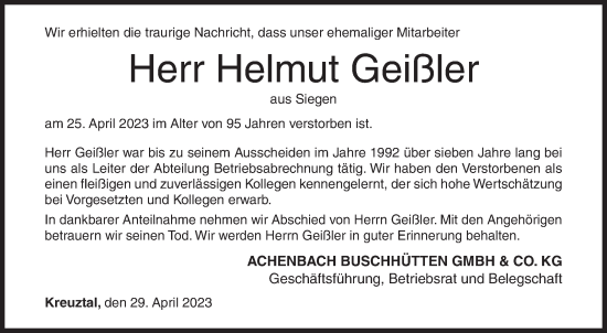 Traueranzeige von Helmut Geißler von Siegener Zeitung