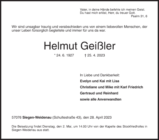Traueranzeige von Helmut Geißler von Siegener Zeitung