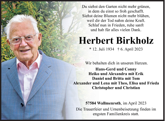 Traueranzeige von Herbert Birkholz von Siegener Zeitung