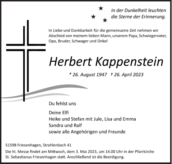 Traueranzeige von Herbert Kappenstein von Siegener Zeitung