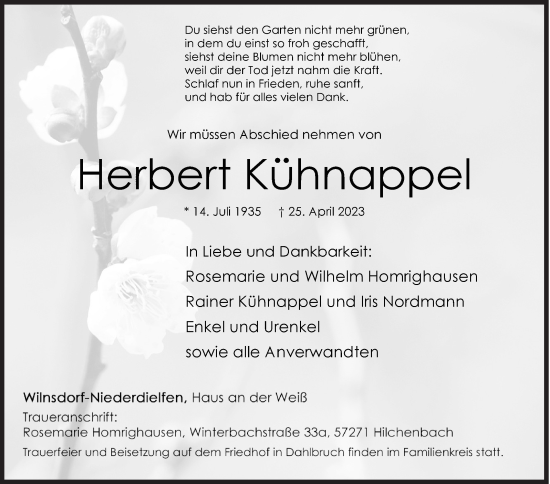 Traueranzeige von Herbert Kühnappel von Siegener Zeitung