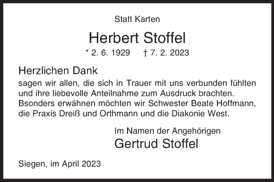 Traueranzeige von Herbert Stoffel von Siegener Zeitung