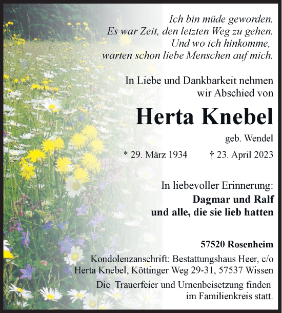 Traueranzeige von Herta Knebel von Siegener Zeitung