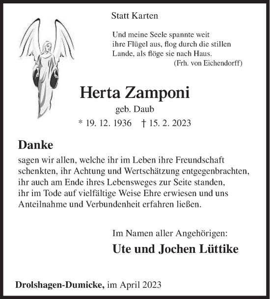 Traueranzeige von Herta Zamponi von Siegener Zeitung
