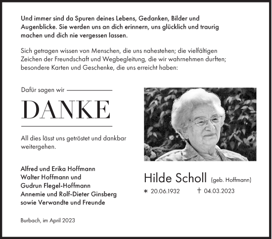 Traueranzeige von Hilde Scholl von Siegener Zeitung