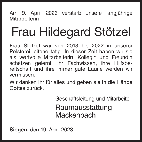 Traueranzeige von Hildegard Stötzel von Siegener Zeitung
