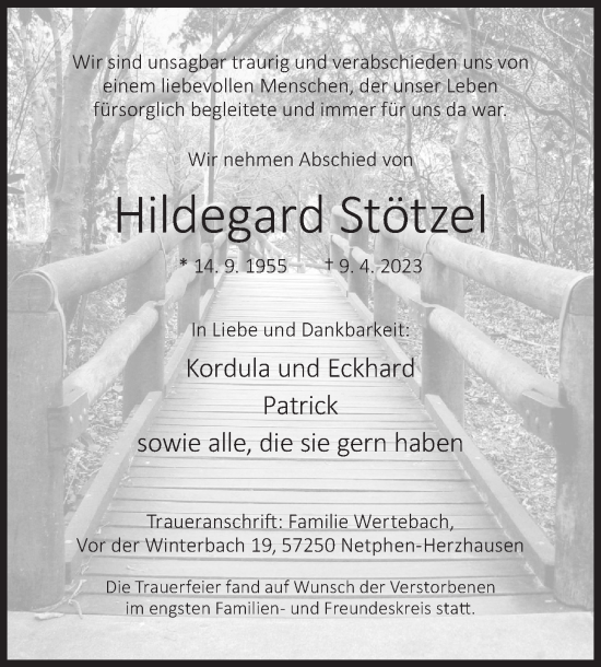 Traueranzeige von Hildegard Stötzel von Siegener Zeitung