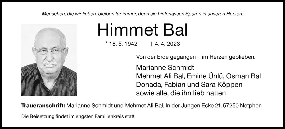  Traueranzeige für Hirnmet Bal vom 08.04.2023 aus Siegener Zeitung
