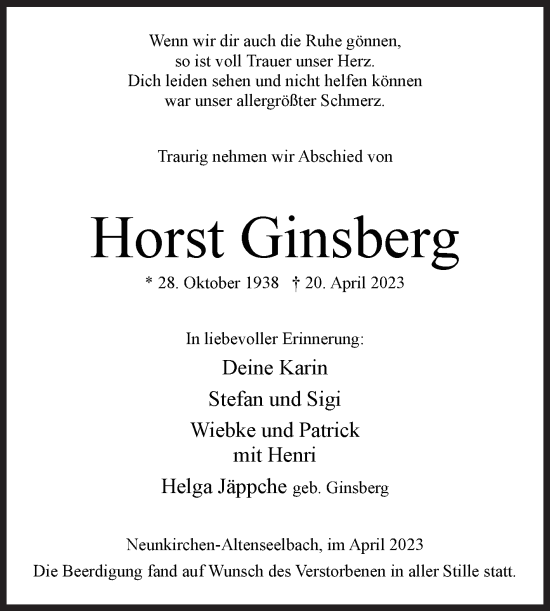 Traueranzeige von Horst Ginsberg von Siegener Zeitung