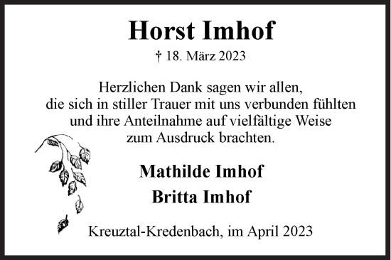 Traueranzeige von Horst Imhof von Siegener Zeitung