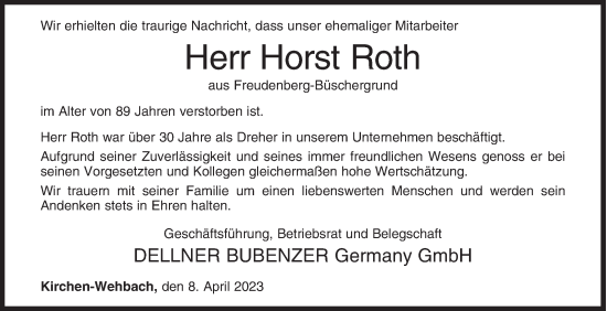 Traueranzeige von Horst Roth von Siegener Zeitung