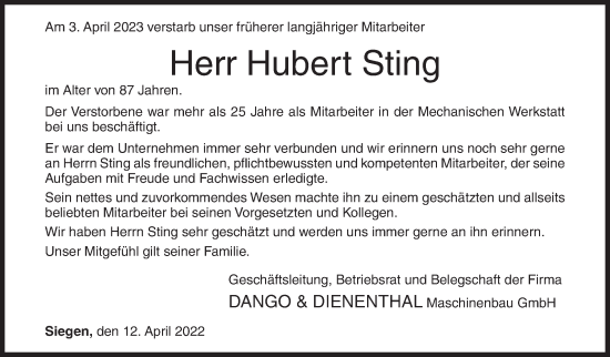 Traueranzeige von Hubert Sting von Siegener Zeitung