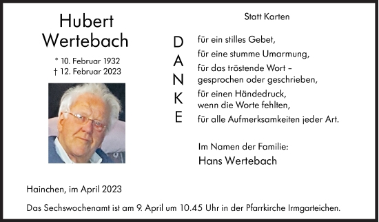Traueranzeige von Hubert Wertebach von Siegener Zeitung