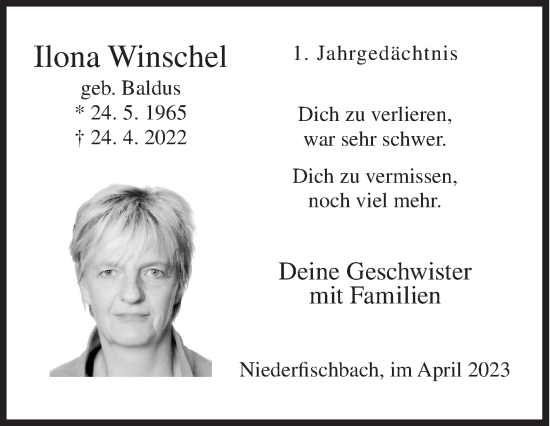 Traueranzeige von Ilona Winschel von Siegener Zeitung
