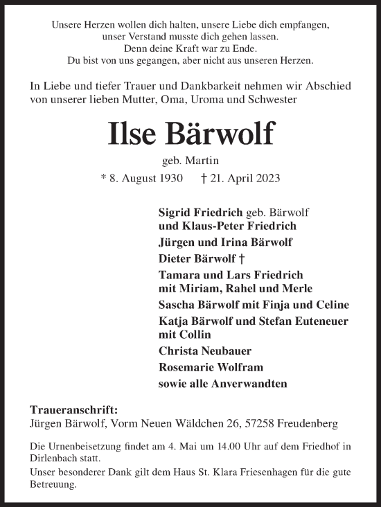 Traueranzeige von Ilse Bärwolf von Siegener Zeitung