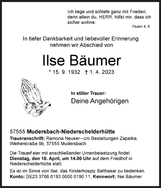 Traueranzeige von Ilse Bäumer von Siegener Zeitung