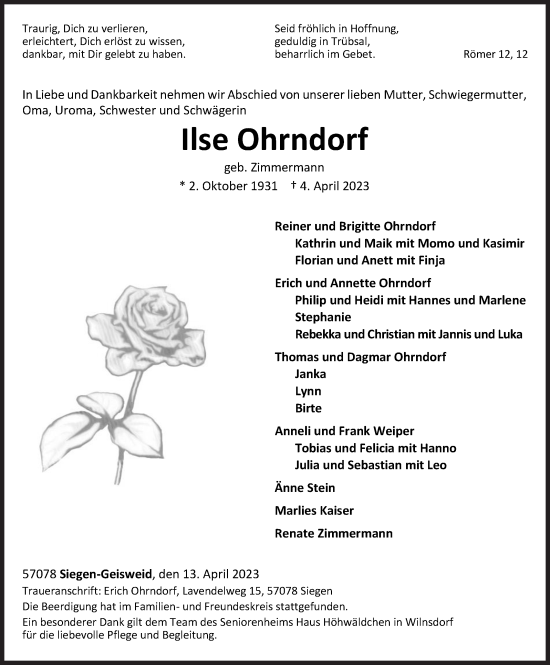 Traueranzeige von Ilse Ohrndorf von Siegener Zeitung