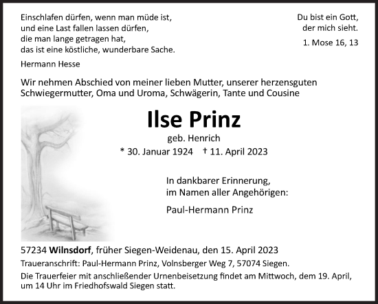 Traueranzeige von Ilse Prinz von Siegener Zeitung