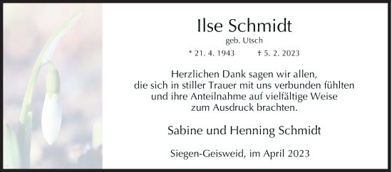 Traueranzeige von Ilse Schmidt von Siegener Zeitung
