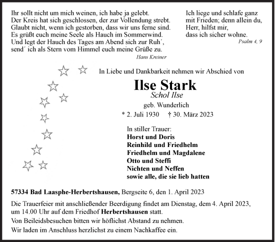 Traueranzeige von Ilse Stark von Siegener Zeitung