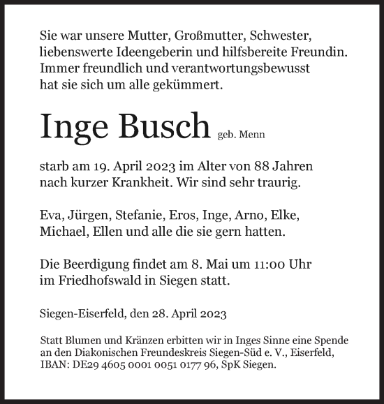 Traueranzeige von Inge Busch von Siegener Zeitung
