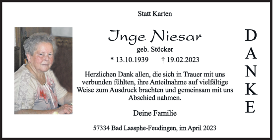 Traueranzeige von Inge Niesar von Siegener Zeitung