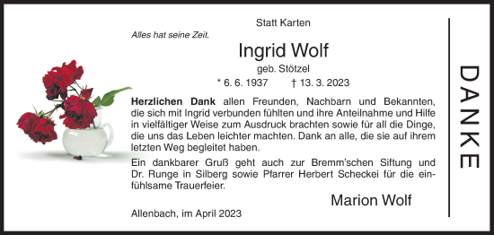 Traueranzeige von Ingrid Wolf von Siegener Zeitung