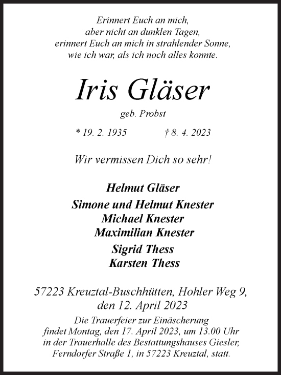 Traueranzeige von Iris Gläser von Siegener Zeitung