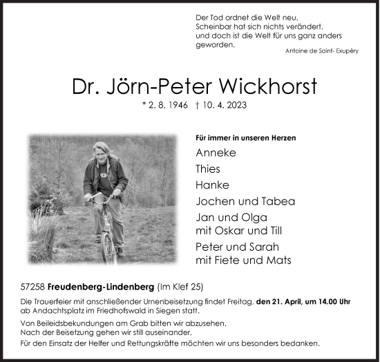 Traueranzeige von Jörn-Peter Wickhorst von Siegener Zeitung