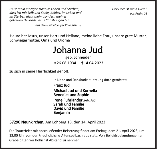Traueranzeige von Johanna Jud von Siegener Zeitung