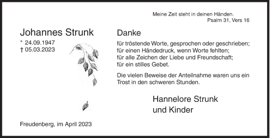 Traueranzeige von Johannes Strunk von Siegener Zeitung