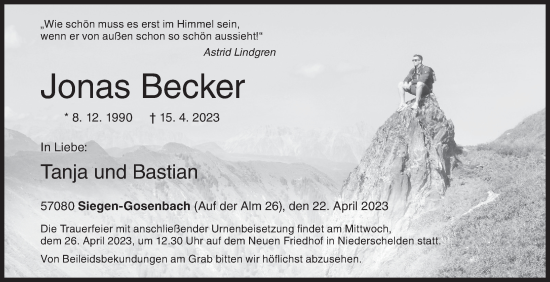 Traueranzeige von Jonas Becker von Siegener Zeitung