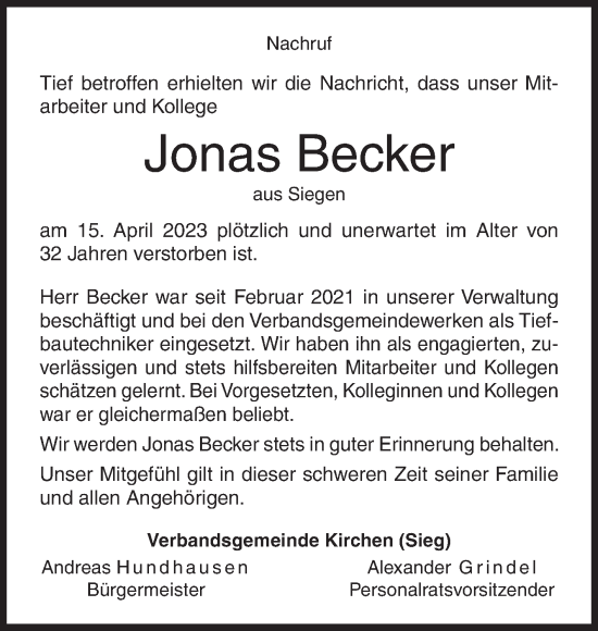 Traueranzeige von Jonas Becker von Siegener Zeitung