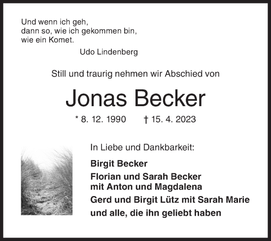 Traueranzeige von Jonas Becker von Siegener Zeitung