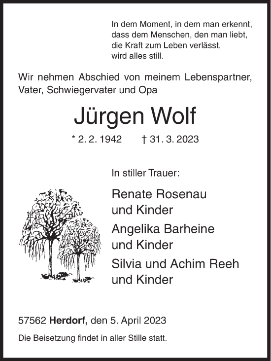 Traueranzeige von Jürgen Wolf von Siegener Zeitung