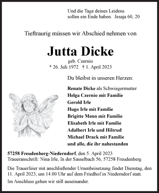 Traueranzeige von Jutta Dicke von Siegener Zeitung