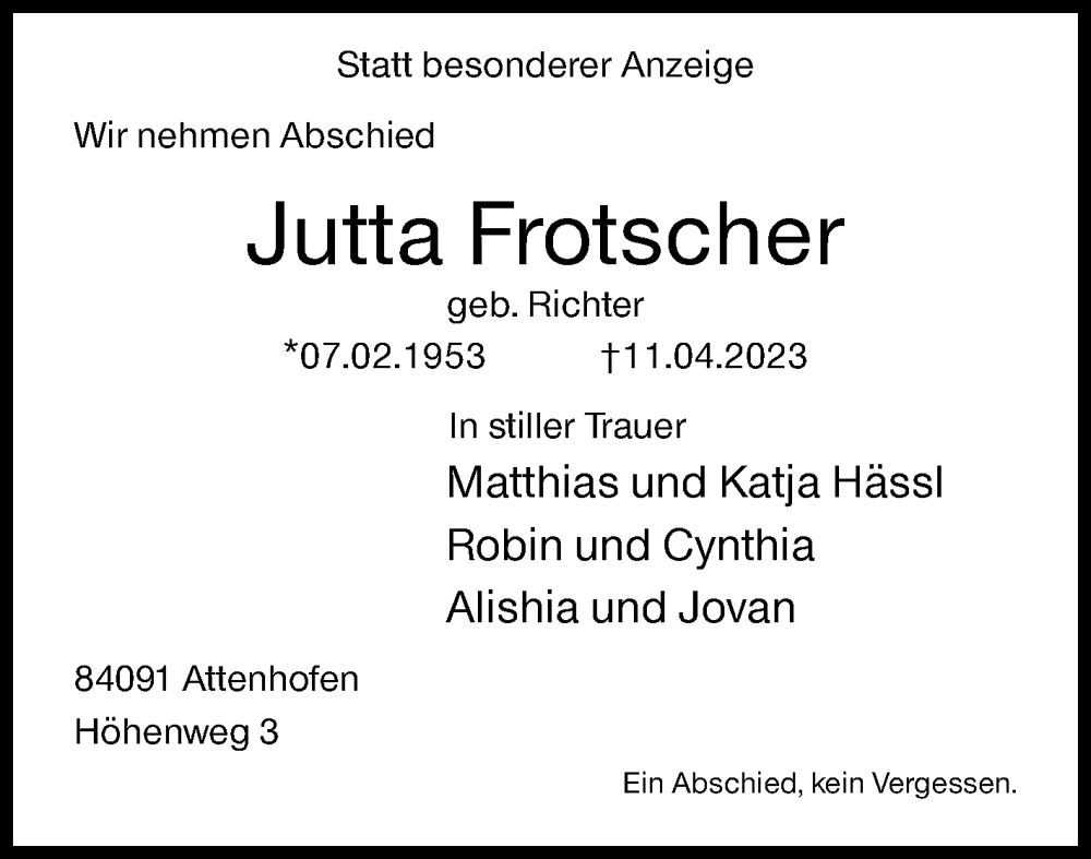  Traueranzeige für Jutta Frotscher vom 15.04.2023 aus Siegener Zeitung