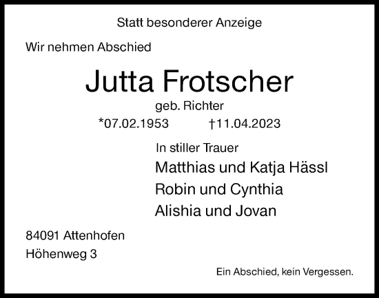 Traueranzeige von Jutta Frotscher von Siegener Zeitung