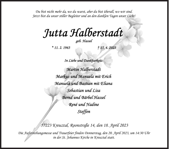 Traueranzeige von Jutta Halberstadt von Siegener Zeitung