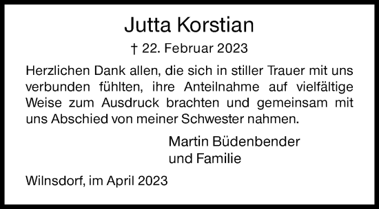 Traueranzeige von Jutta Korstian von Siegener Zeitung