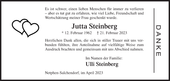 Traueranzeige von Jutta Steinberg von Siegener Zeitung