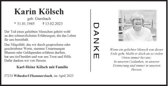 Traueranzeige von Karin Kölsch von Siegener Zeitung