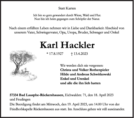 Traueranzeige von Karl Hackler von Siegener Zeitung
