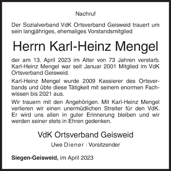 Traueranzeige von Karl-Heinz Mengel von Siegener Zeitung
